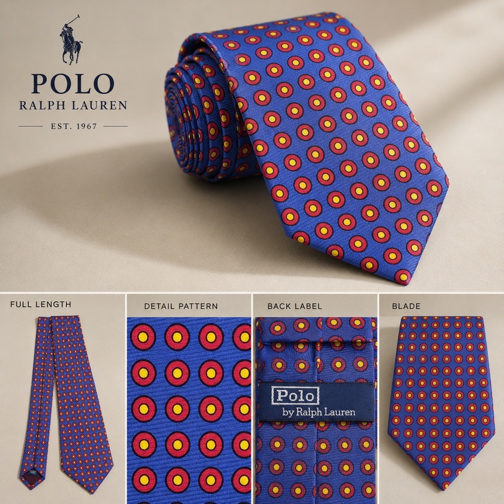 Polo Ralph Lauren Silk Tie Blue Red Yellow Polka Dot Mens USA Made